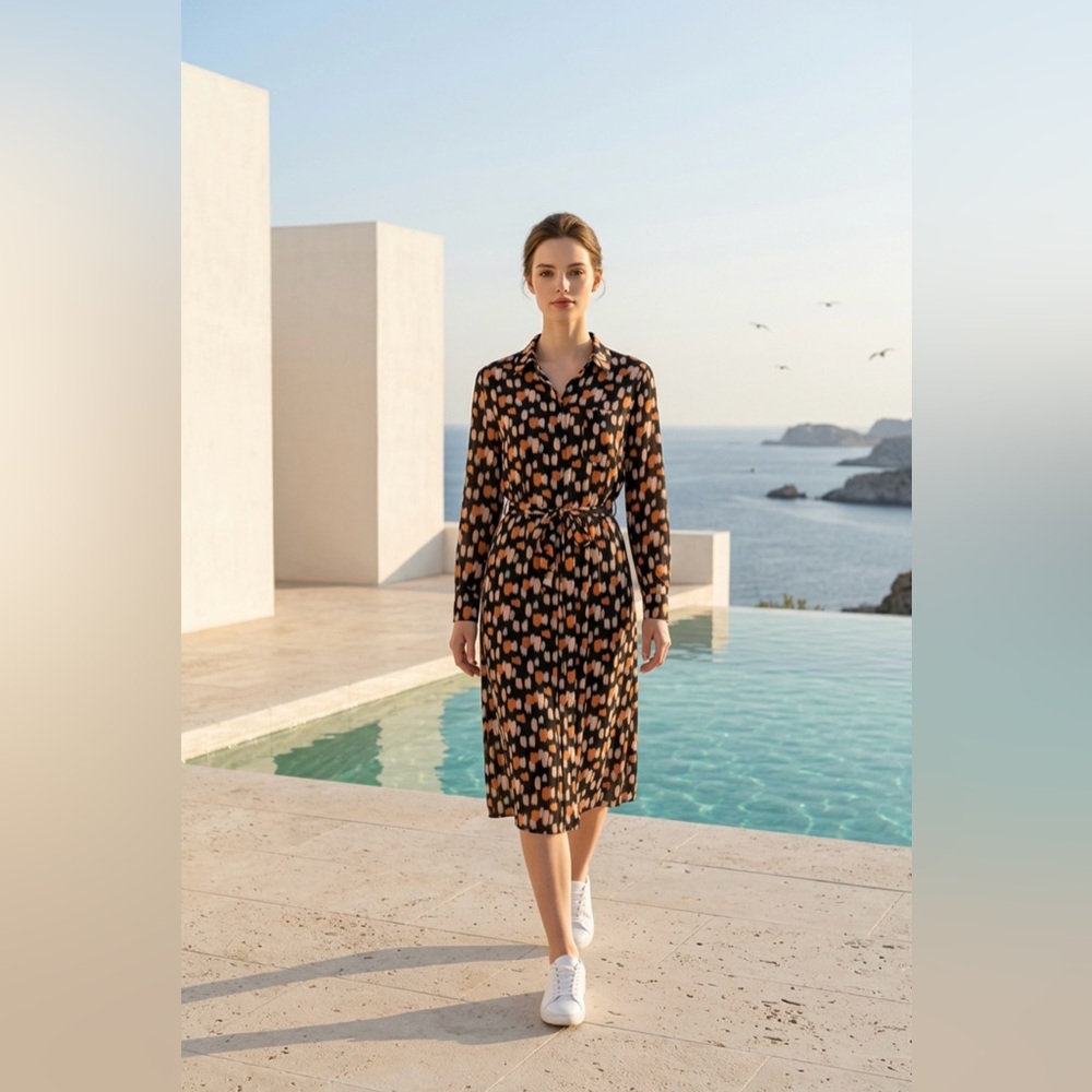 Piazza Sempione Black, Peach & Cream Printed Long-Sleeve Shirt Dress